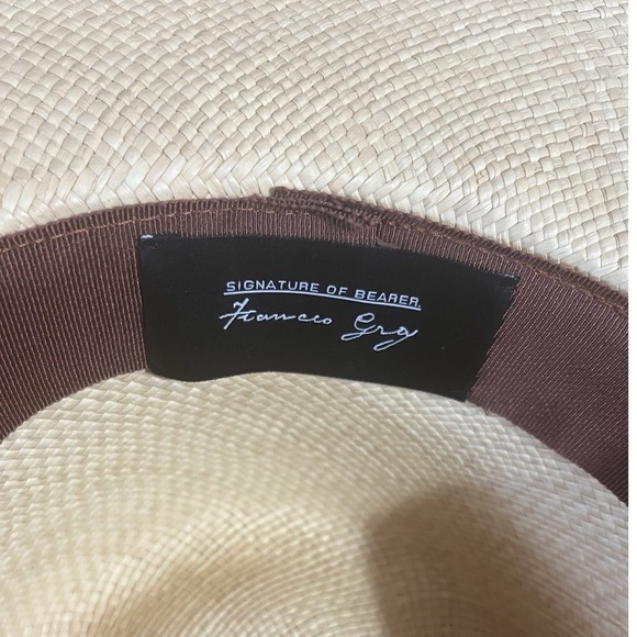 Frances Grey Hand Woven Straw Panama Hat Two Tone Cream Brown Wide Brim Fedora - Picture 3 of 14